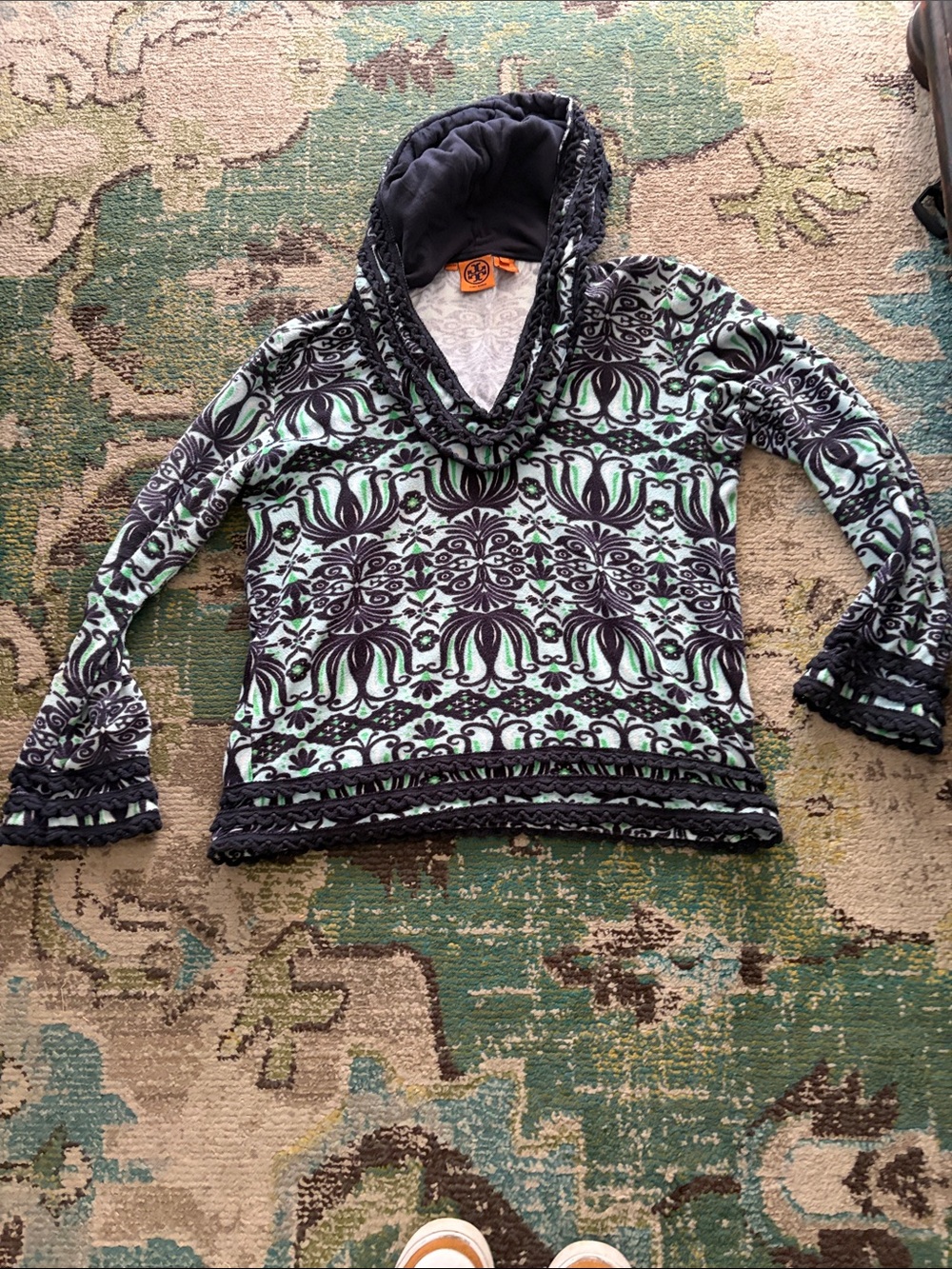 Tory Burch Mint & Black Printed Hooded Long-Sleeve Top